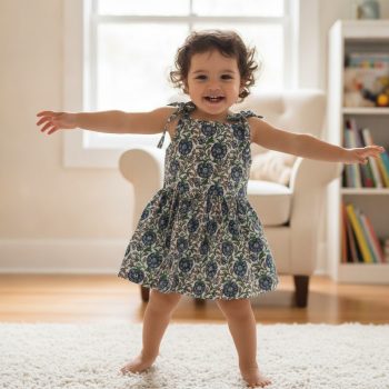 Blue Floral Tie Strap Girls Casual Frock